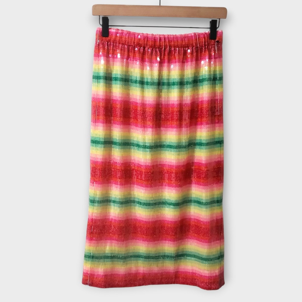 NWT J.Crew Collection Watermelon Stripe Sequin Midi Skirt XS AK115 Rainbow Fairy